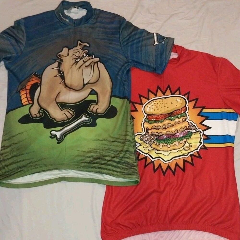 2 Sugoi Cycling Jerseys Men's Large Bulldog Burger Shake Fries 3/4 Zip